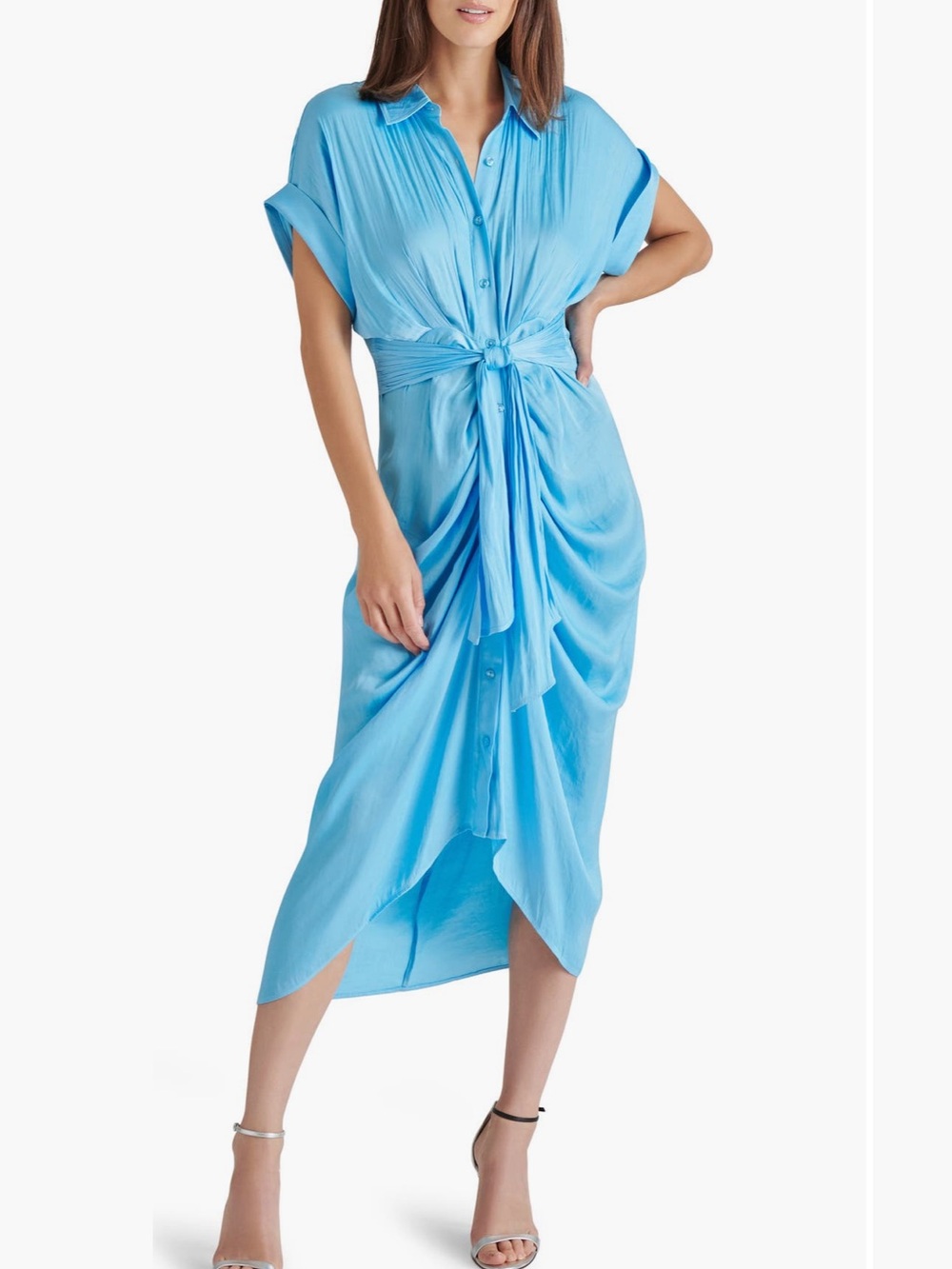 Steve Madden Tori Tie Waist Satin Midi Shirt Dress